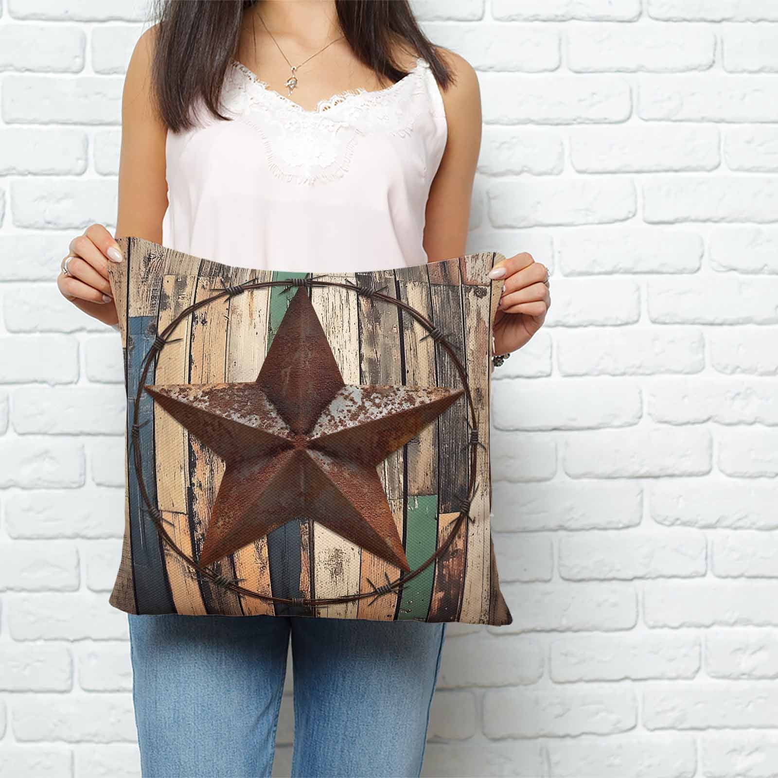Throw Pillow Covers 26x26 Inch, Western Texas Stars Decorative Pillow Cases for Couch Sofa Bed, Farmhouse Vintage Wooden Plank Cotton Linen Square Home Decor Pillowcases with Hidden Zipper