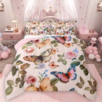 Homewish Chic Butterflies Queen Comforter Set,Rustic Flower Floral Bedding Sets,Country Autumn Leaves Bedding Comforter Set For Girls Teens,Breathable Home Decor Reversible,3-Piece