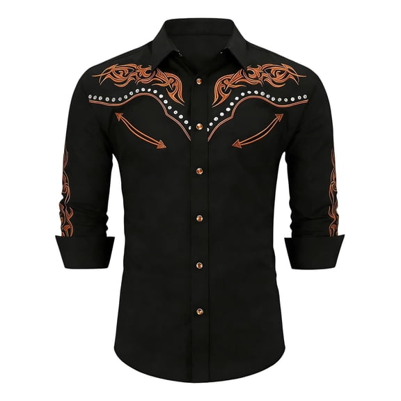 Western Shirts for Men Embroidered Long Sleeve Button Down Regular Work Dress Spring Fall Cowboy Black1 Shirts S-XXXL