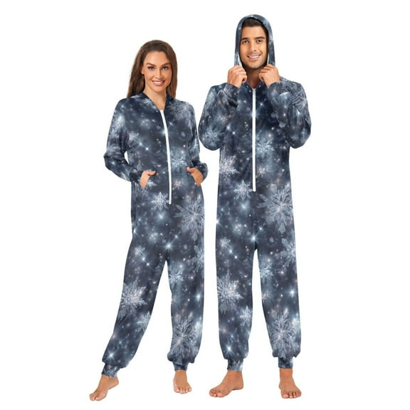 Adult Christmas Onesie Beautiful Winter Snowflakes Zipper One-Piece Pajamas Unisex with Pockets