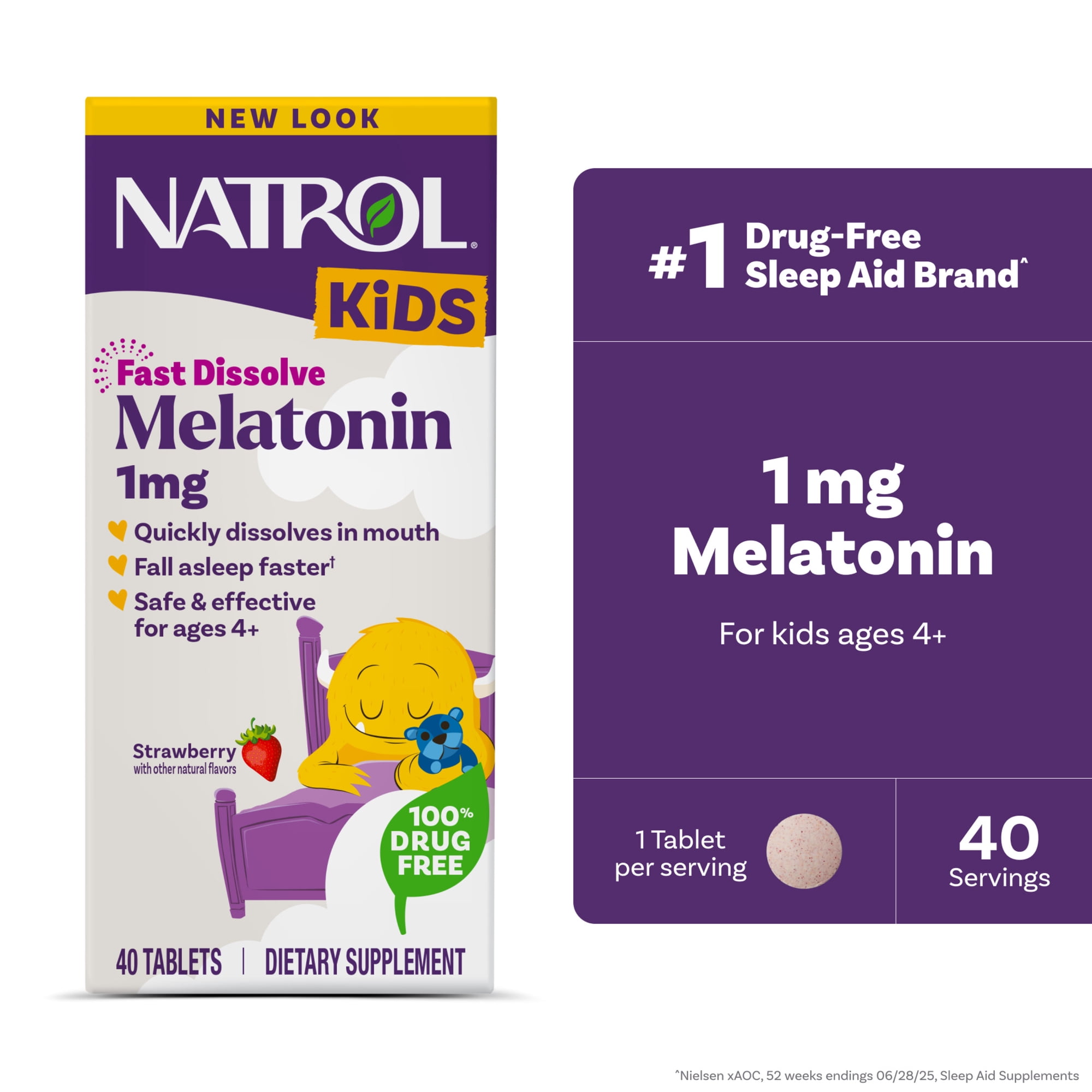 Natrol Kids Fast Dissolve Melatonin 1 mg, Sleep Aid, Strawberry, 40 Tablets