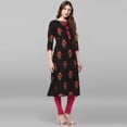 thumbnail image 5 of Janasya Indian Round Neck 3/4 Sleeve Floral Print Black Cotton Kurta For Women, 5 of 8