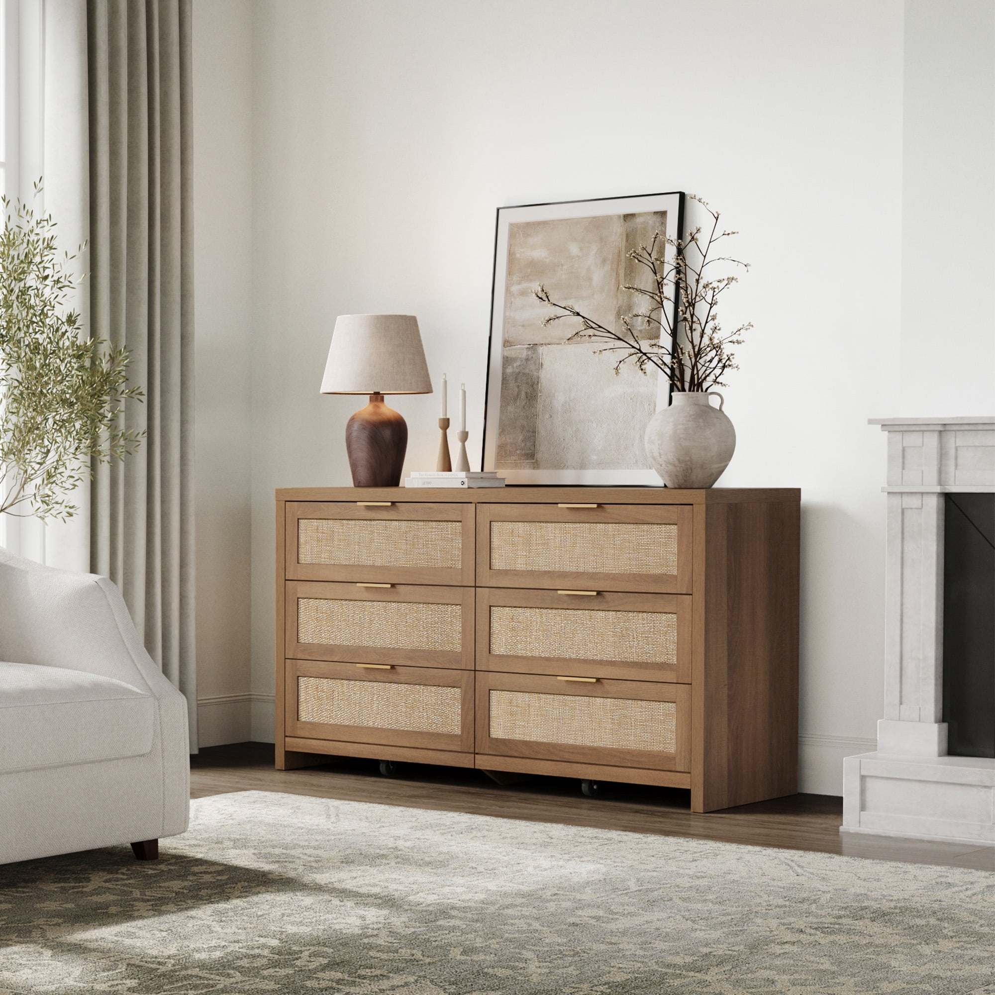 Surmoby Boho Dresser Set - 56.85" Wide 6-Drawer Storage with Rattan & Gold Handles for Master Bedroom or Living Room (Heavy Duty, Easy Assembly)
