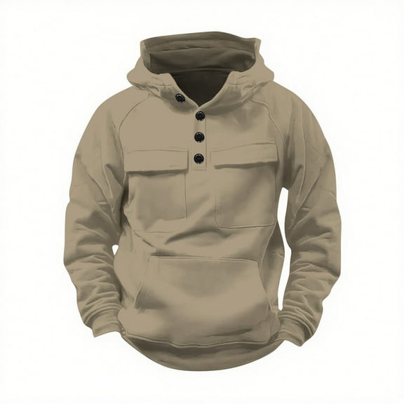 Mens Tactical Work Hoodies Long Sleeve Drawstring Hood 1/4 Button Pullover High Neck Casual Workout Sweatshirts