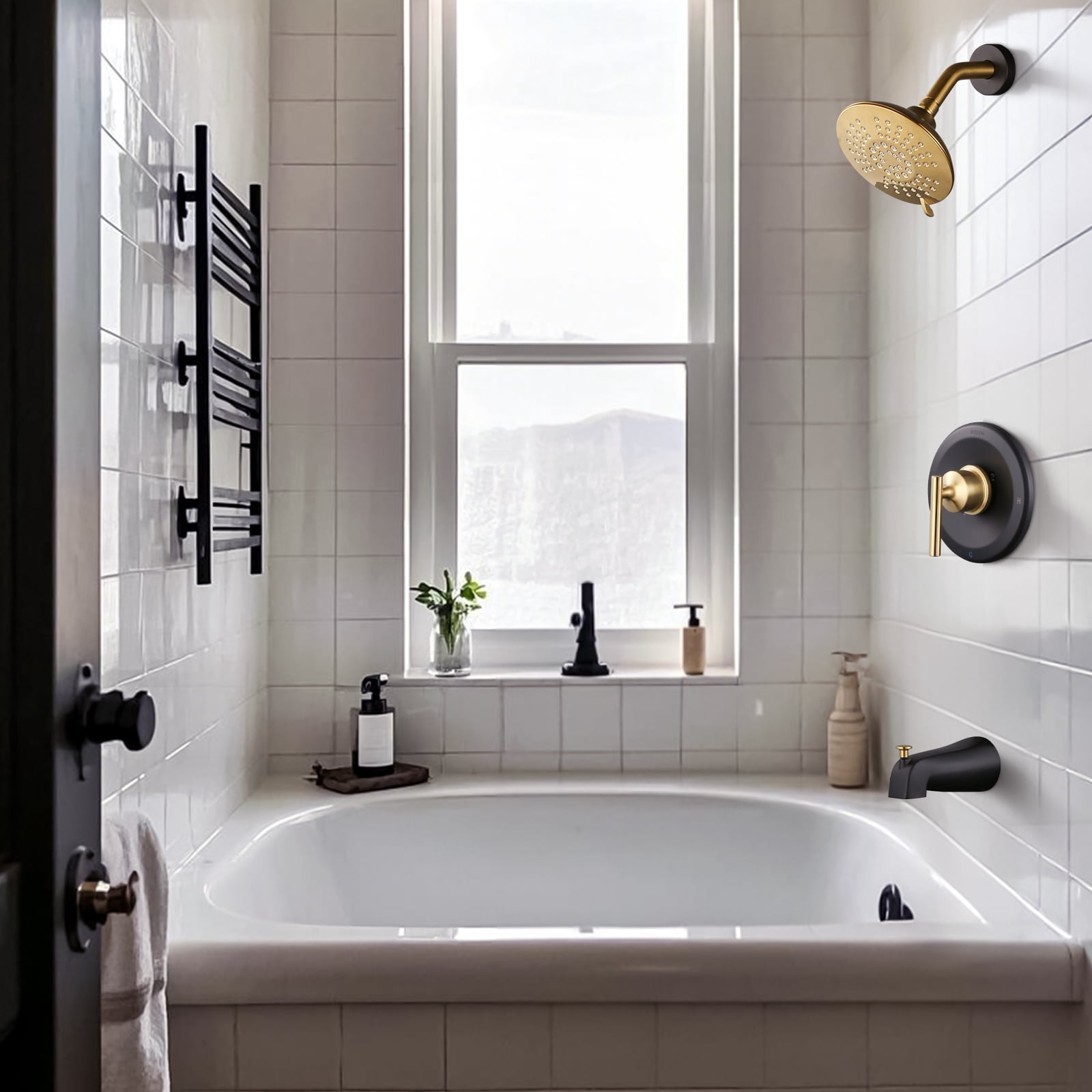 Wowow Single-Handle 5-Spray Settings Round Shower Faucet with Tub Spout in Matte Black and Gold (Valve Included)
