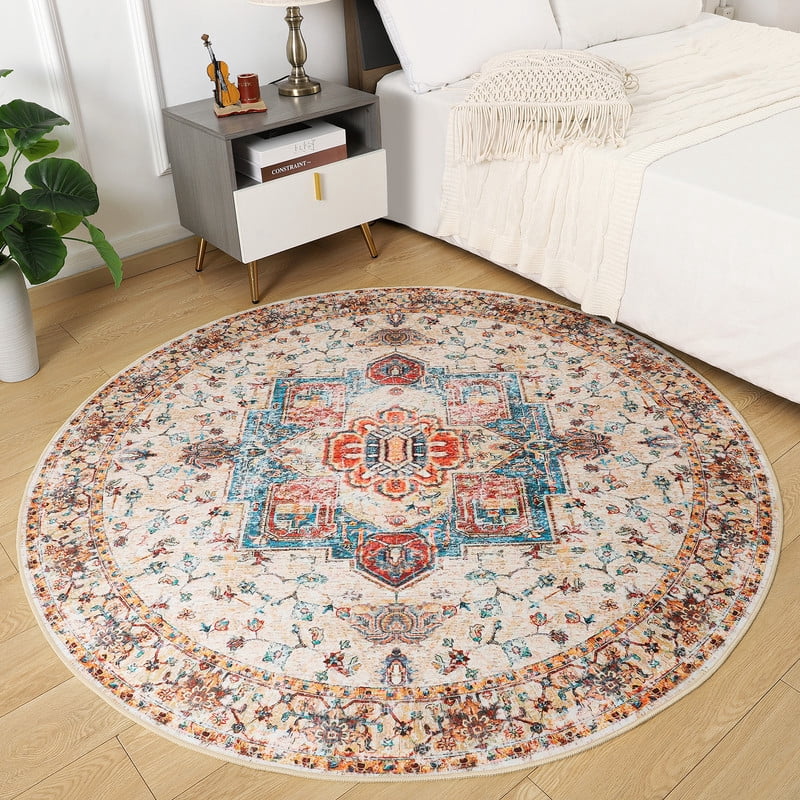 TWINNIS Round Boho Rug for Living Room Persian Rug Vintage Round Area Carpet for Bedroom,Orange,4'x4'