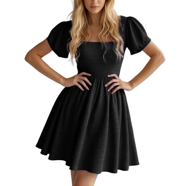 Vestido de cuello cuadrado 2025 para mujer - Manga abullonada, corte A - Vestido corto de verano - Cremallera trasera - Tallas S-XXL