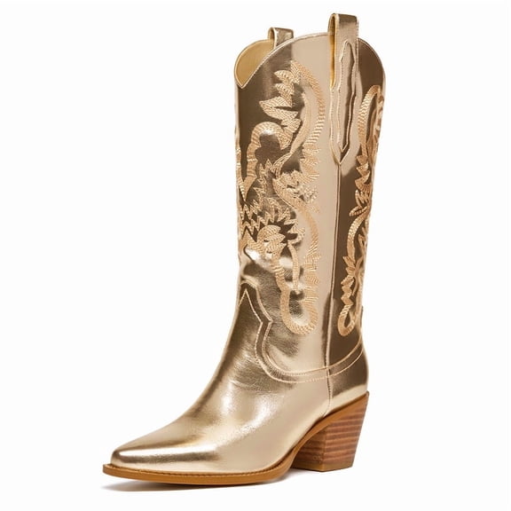 Glitter Gold Wide Calf Metallic Embroidered Cowboy Boots For Women Sparkly Mid Calf Chunky Heel Pull on Pointy Toe Western Cowgirl Boots Fashion Short Booteis For Girl 8