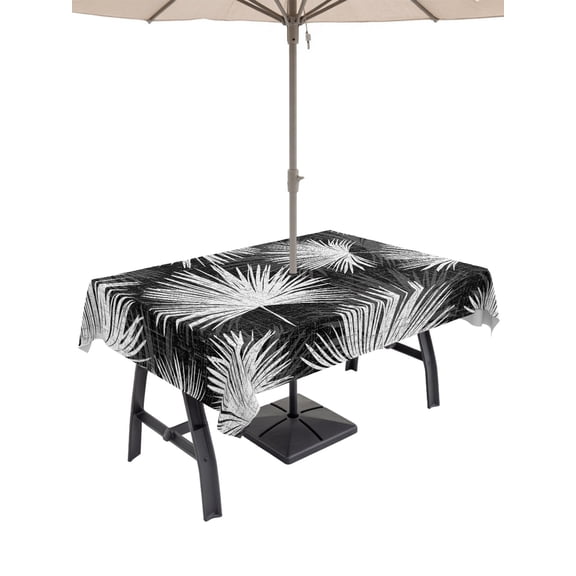 Outdoor Tablecloth with Umbrella Hole for Patio/Picnic/Party/Camping, Black Palm Leaves Coastal Waterproof Table Cloth Rectangle Table Cover Washable, Summer Tropical Botanical Boho (54"x 80")