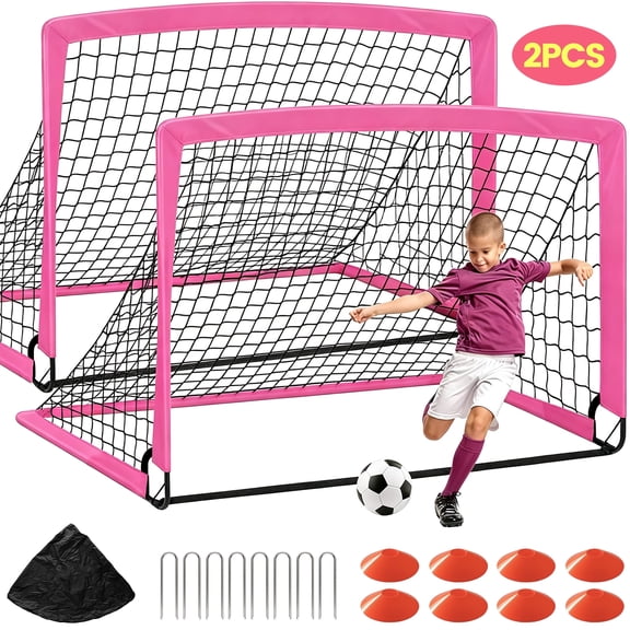 LNOW Set of 2 4'x3' Pop-Up Soccer Nets with Ball - Portable Kids Youth Training Set for Backyard, Outdoor Games & Sports