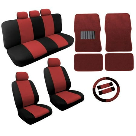 Dual Color Red Black Two Tone Car Seat Covers Floor Mats Set 18pc