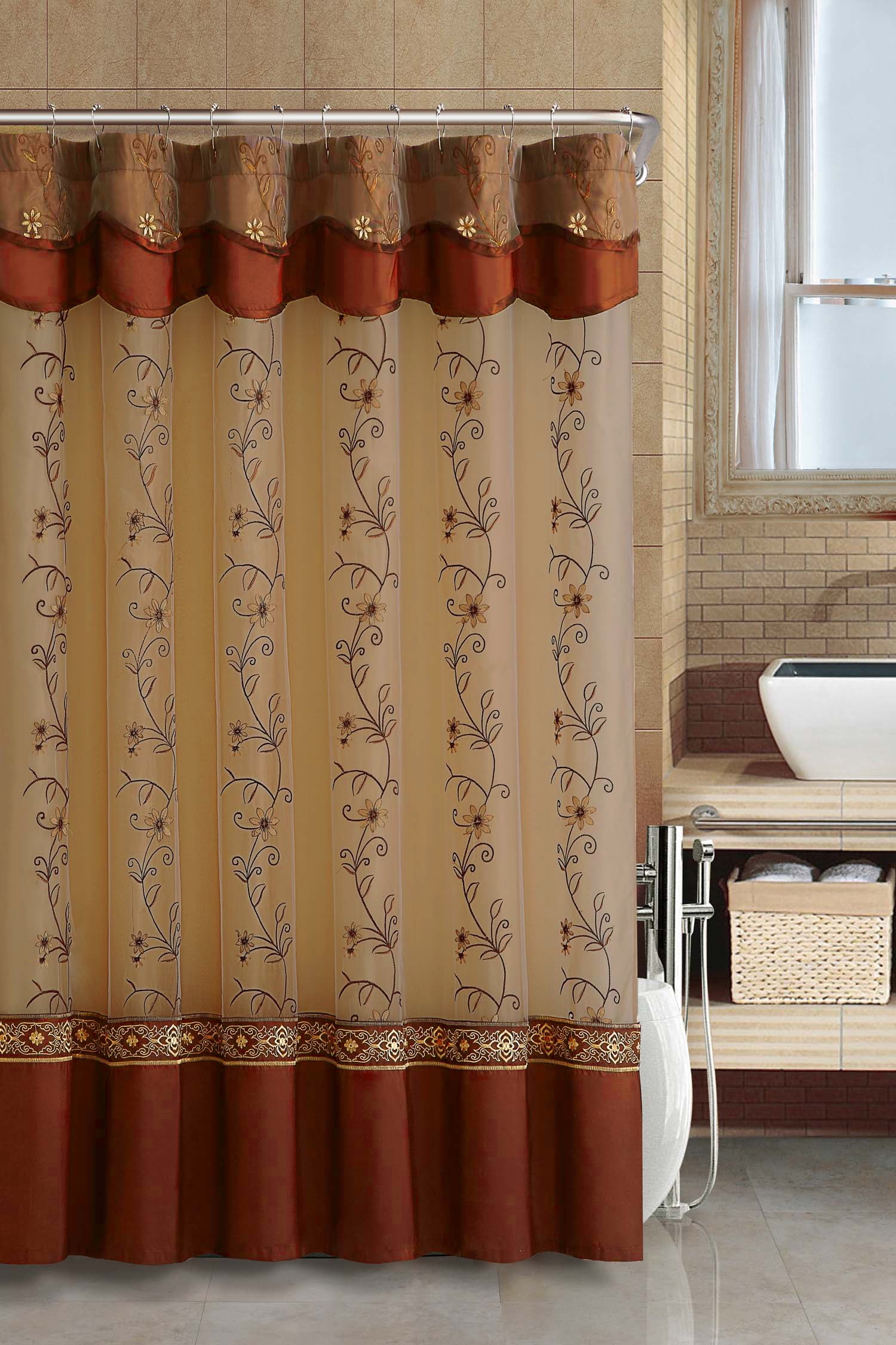 Cinnamon TwoLayered Embroidered Fabric Shower Curtain with Attached