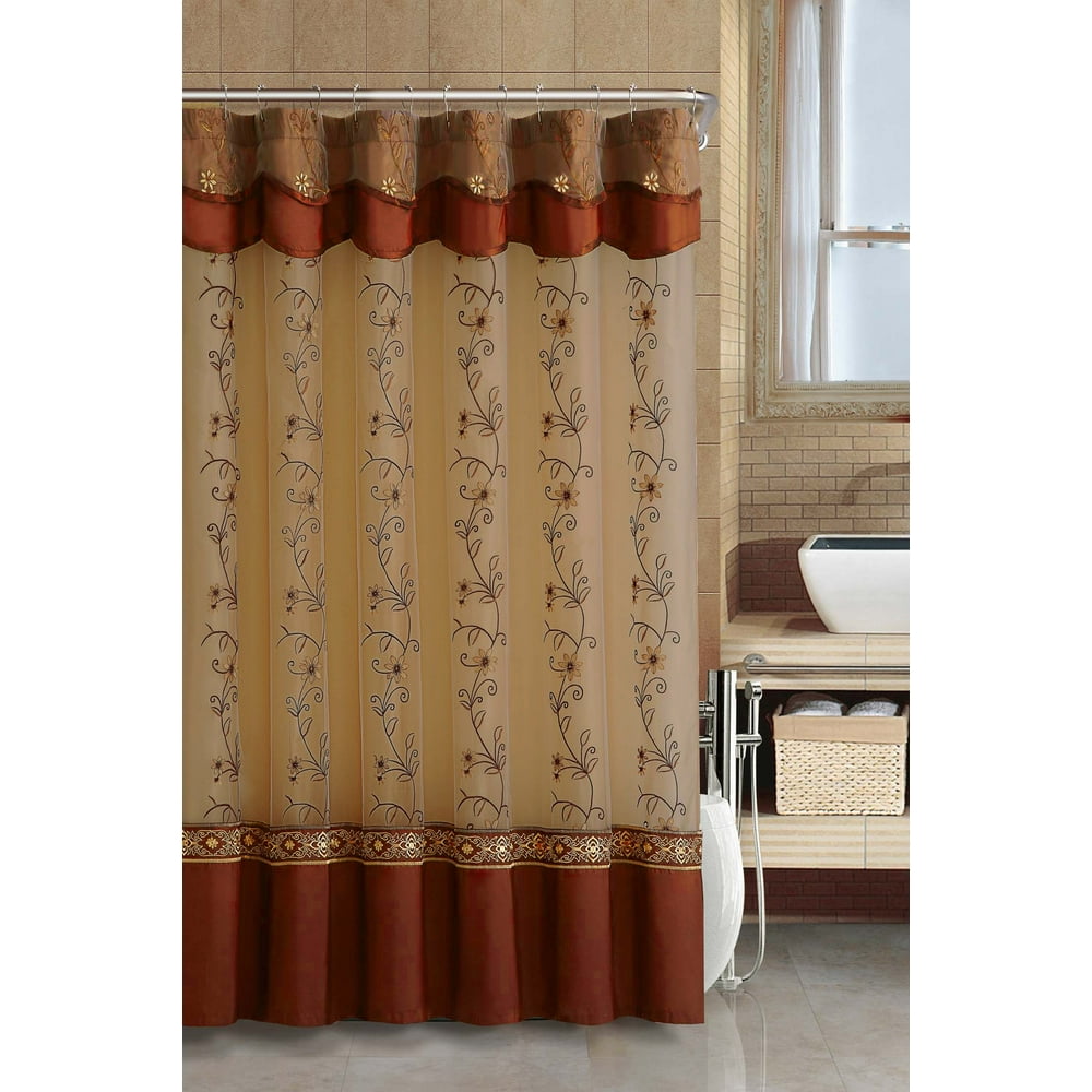 Cinnamon TwoLayered Embroidered Fabric Shower Curtain with Attached Valance
