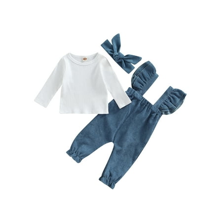 

ZIYIXIN Toddler Baby Girls Fall Clothes Ribbed Long Sleeve Tops+Ruffle Suspender Overalls Pants+Headband Outfits Blue 2-3 Years