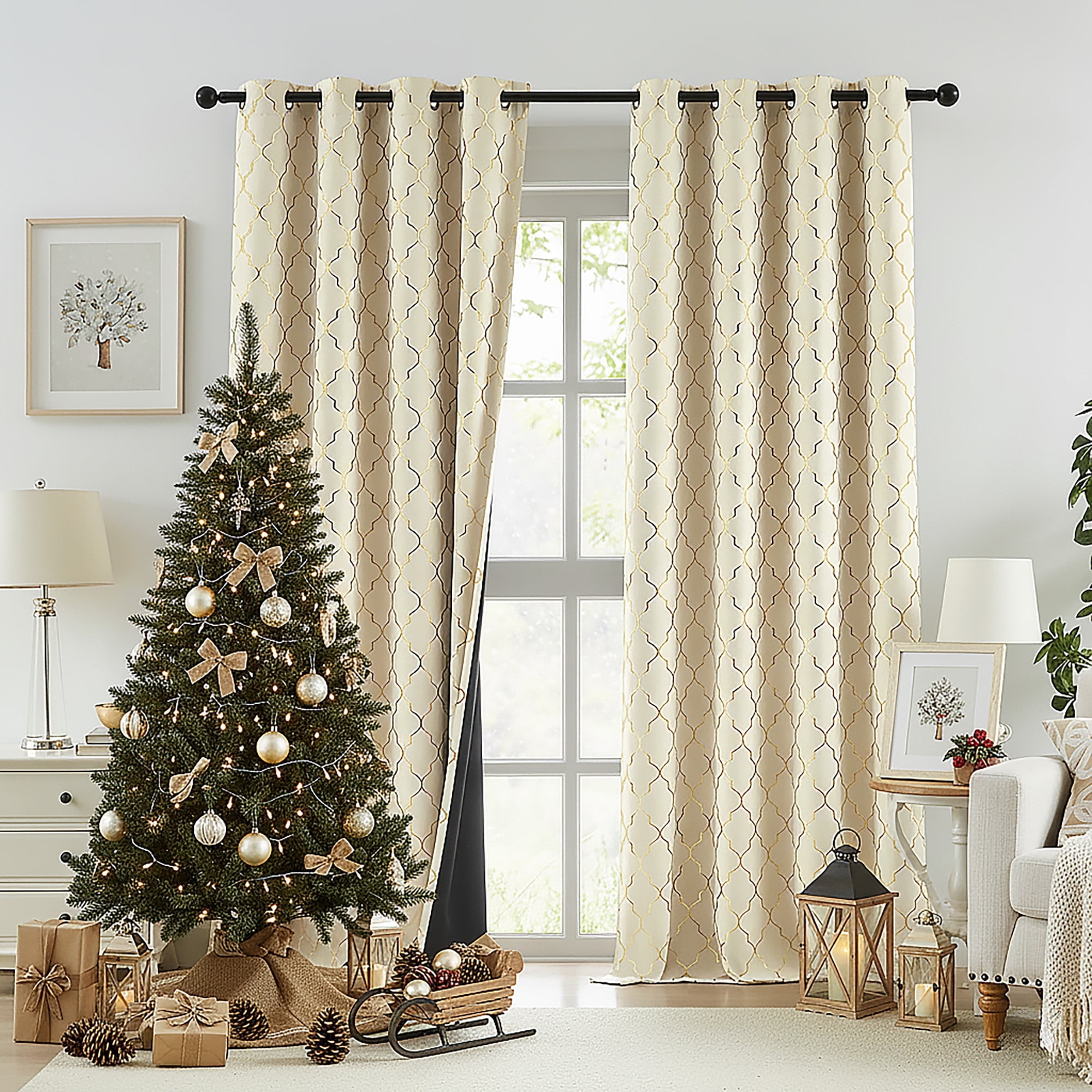 Bohogeo Moroccan Full Blackout Curtain Panels for Bedroom,Thermal Insulating Room Darkening Beige Drapes with Gold Geometric Metallic Print,Grommet Window Treatment,52" Wx63 L(Pack of 2),Beige/Gold