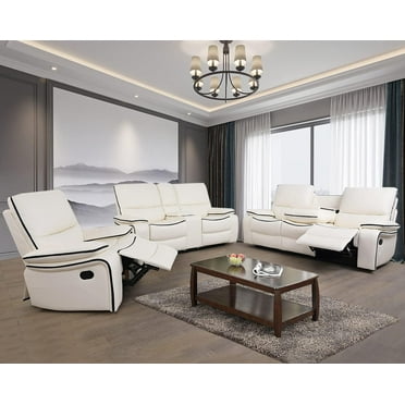 Recliner Sofa Set Bonded Leather, Living Room Furniture Set,Leather Sofa Set Reclining Sofa Manual Recliner Couch (Sofa Loveseat Chair,Cream White)