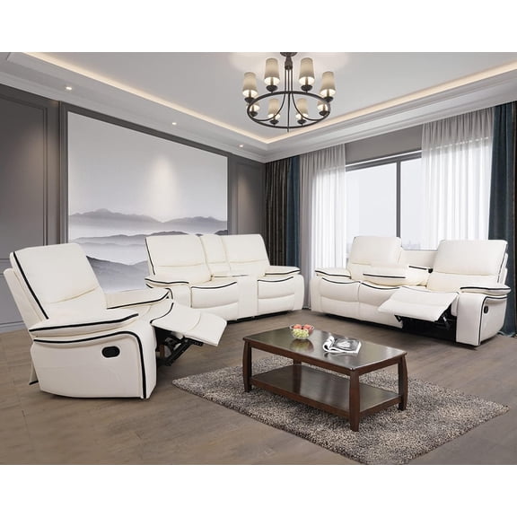 Recliner Sofa Set Bonded Leather, Living Room Furniture Set,Leather Sofa Set Reclining Sofa Manual Recliner Couch (Sofa Loveseat Chair,Cream White)