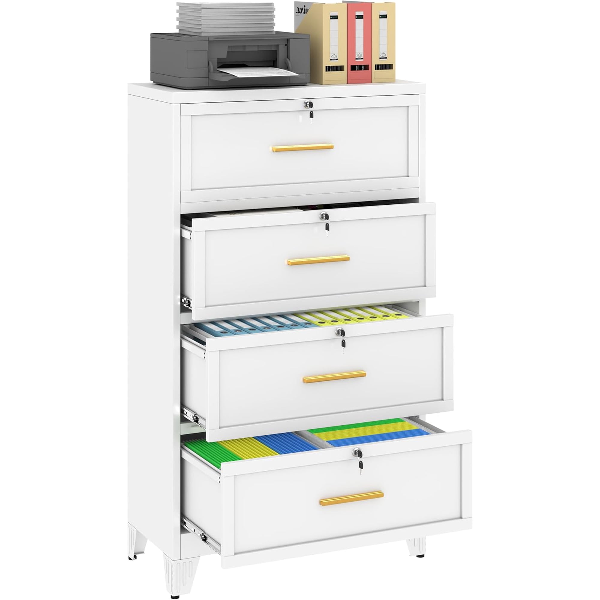 4 Drawer Metal File Cabinet with Lock Lateral Filing Storage Cabinets Steel Wide File Organization for Legal/Letter/A4/F4 Size with Hanging Files&Key Lockable Printer Stand for Home Office White