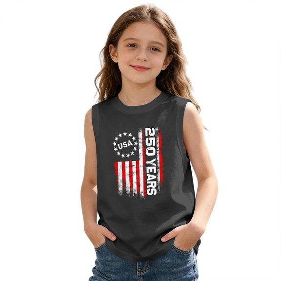 LPKRT Kids USA Flag Tank Top Independence Day Graphic Classic Fit Sleeveless Shirt Kids Breathable Stylish Summer Outfits Grey 10-11 Years