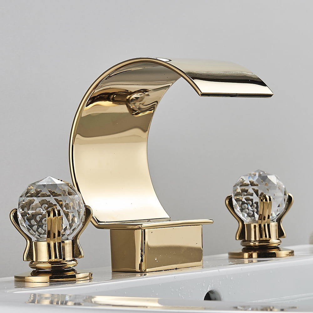Gold Widespread Waterfall Bathroom Sink Faucet 2 Handle 3Hole Basin Mixer Tap