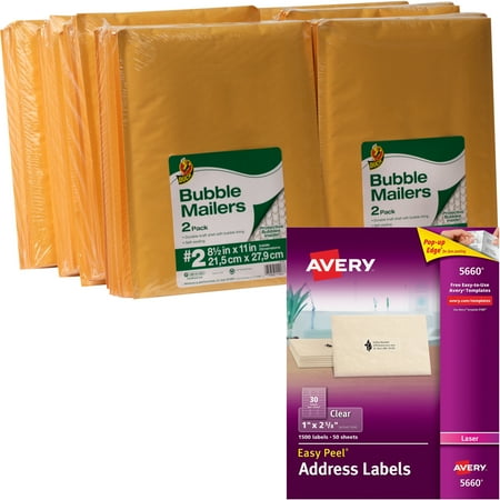 Duck Brand Kraft Bubble Mailers, Manila, 96-Count, 8.5" x 11" and Avery 5660 Easy Peel Clear Mailing Labels for Laser Printers, 1" x 2-5/8", 1500 Labels/Pack Bundle