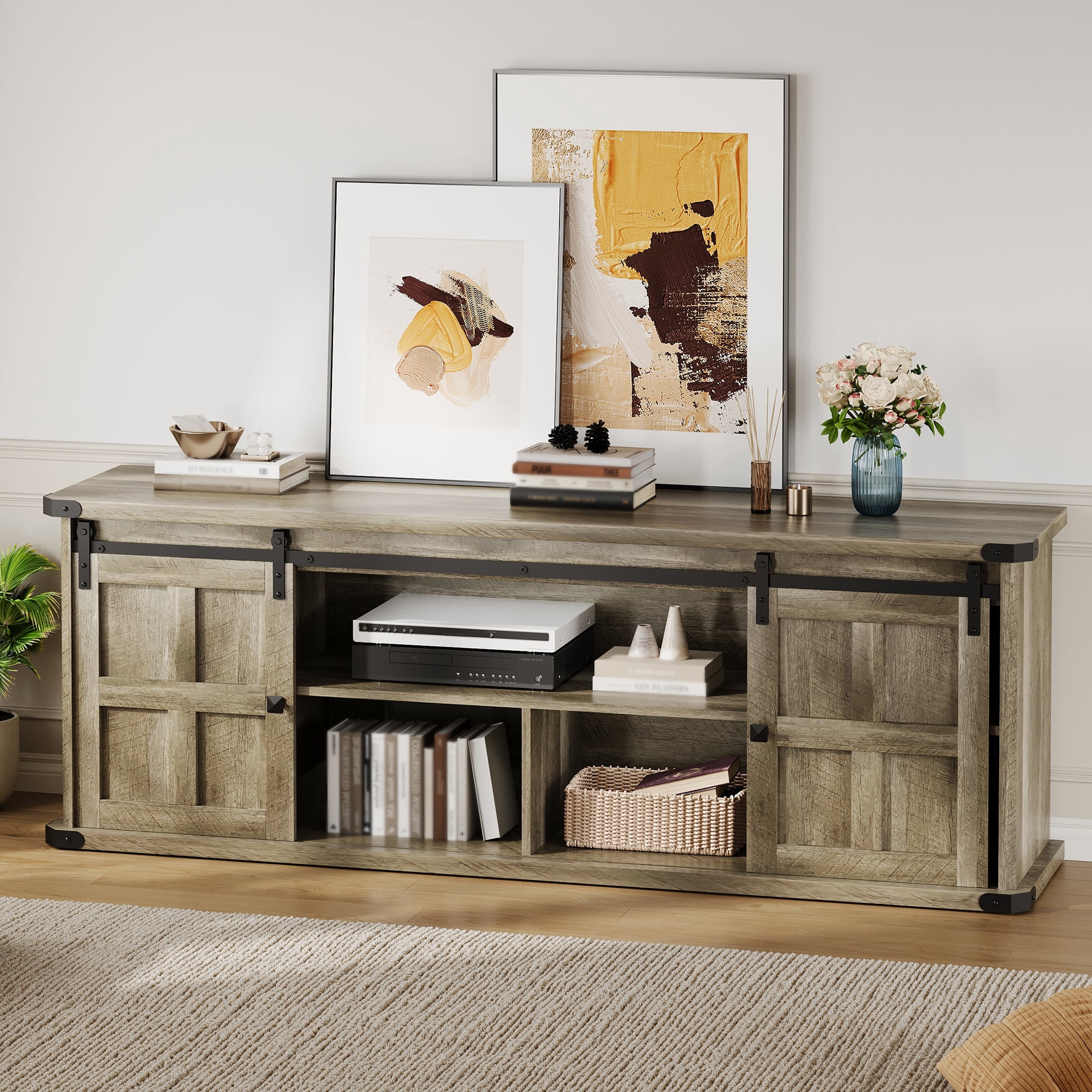 COZONY Farmhouse TV Stand for 75 Inch TV, Entertainment Center with Sliding Barn Doors and Storage Cabinets for Living Room,Light gray wood grain