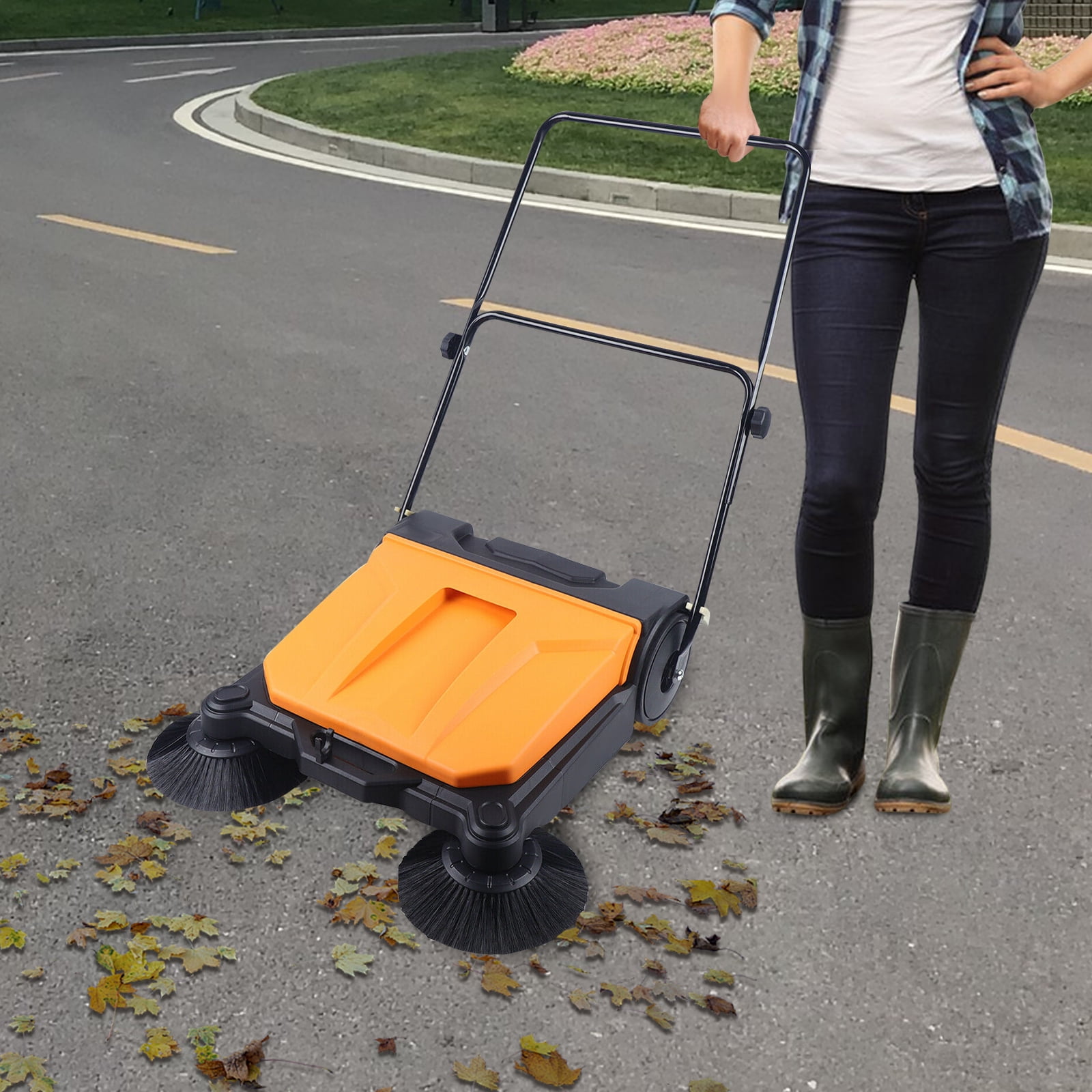 26" Industrial Hand-Push Sweeper – Twin Brush Floor Cleaning Machine, Manual Outdoor Sweeper with 15L Capacity, 2720㎡/h, No Electricity Needed
