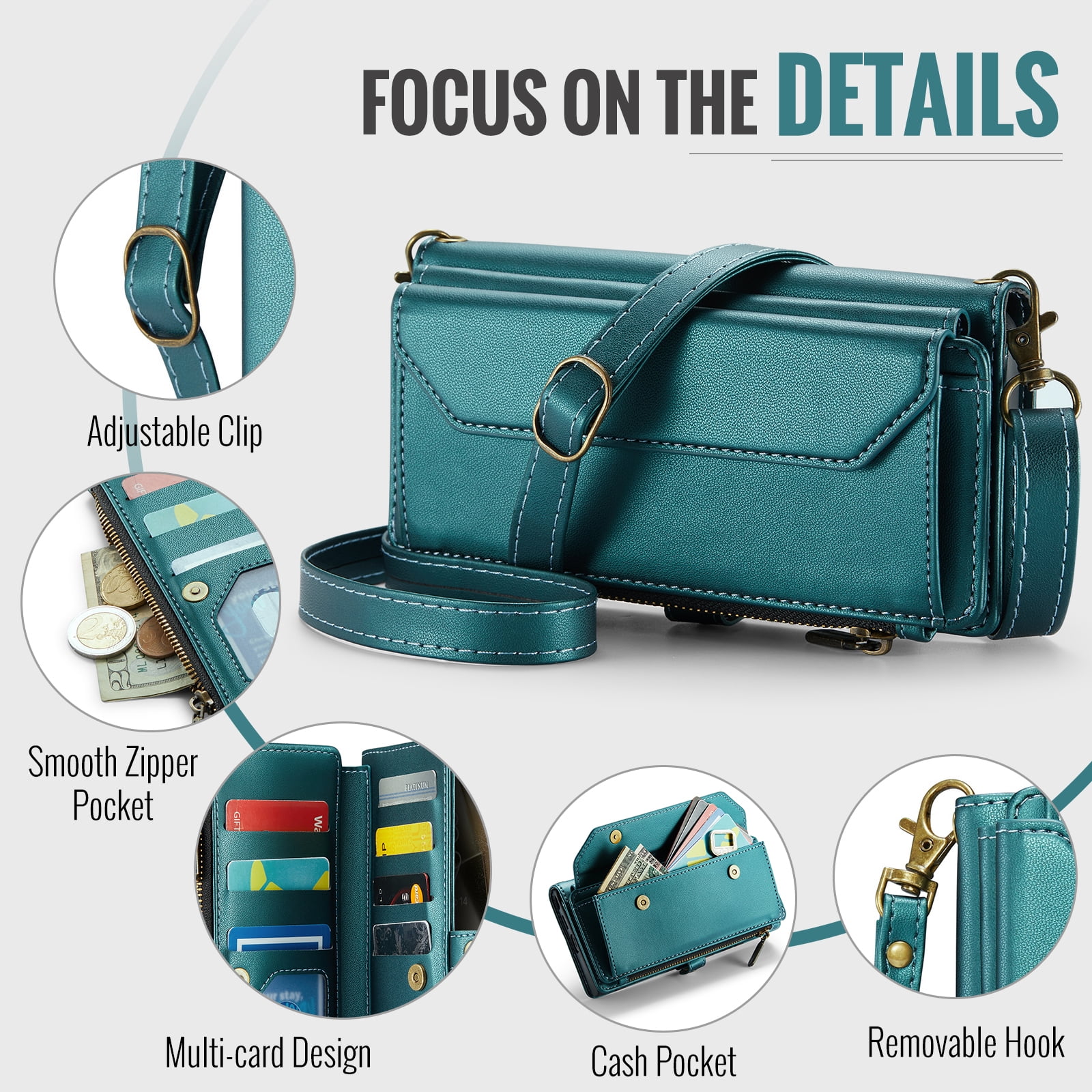 Compatible with Samsung Galaxy S24 Ultra 5G Zipper Wallet Phone Case Tempered Glass Screen Protector Crossbody Lanyard Strap Flip Card Holder Slot Cell Cover for S24Ultra 24S S 24 24Ultra Women Green