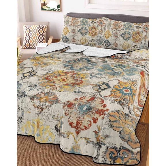 Farmhouse Morocco Full Size Down Alternative Comforter, Lightweight Comforter Quilt Bedding Set with Pillow Shams Boho Abstract Shabby Texture Art All Seasons Bed Comforter Duvet Insert 78"x90"