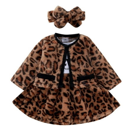 

ZHUASHUM Toddler Girls Outfit Leopard Long Sleeves Dress Coat Hairband 3pcs Set Outfits
