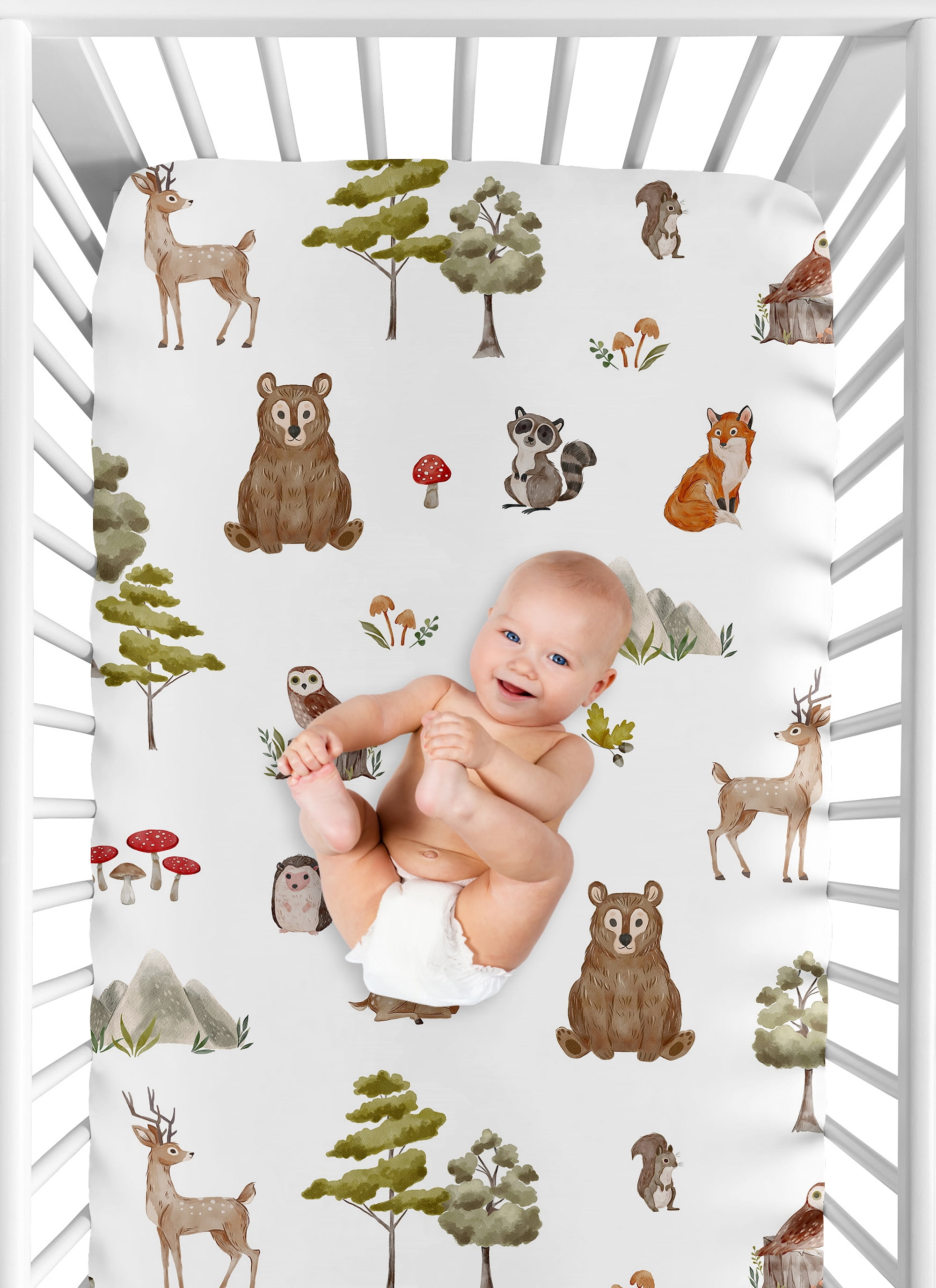 Sweet Jojo Designs Watercolor Woodland Forest Animals Green Brown White Fitted Crib Sheet