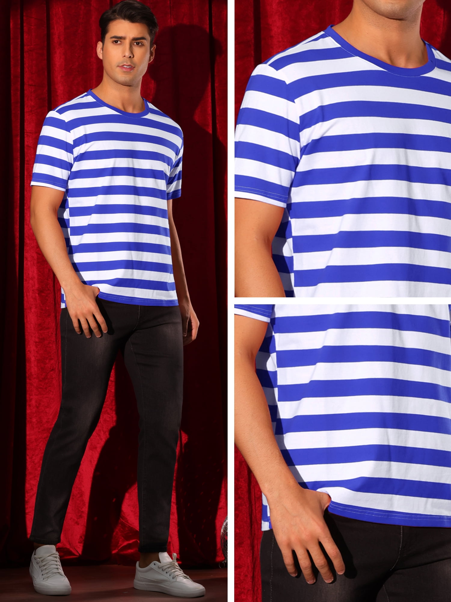 DARING DIVA Men's Striped Short Sleeve Crew Neck Casual Stripes T Shirt M Blue White