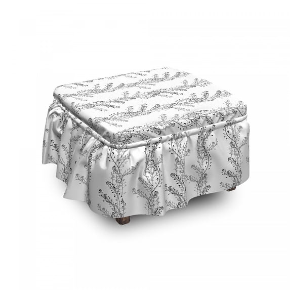 Botanical Ottoman Cover, Shepherd's Purse Growing, 2 Piece Slipcover Set with Ruffle Skirt for Square Round Cube Footstool Decorative Home Accent, Standard Size, Dark Grey and White, by Ambesonne
