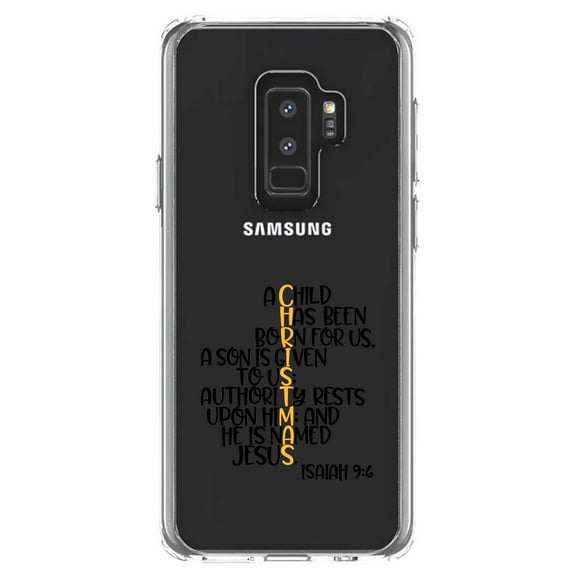 DistinctInk Clear Shockproof Hybrid Case for Samsung Galaxy S9  PLUS (6.2" Screen) - TPU Bumper Acrylic Back Tempered Glass Screen Protector - Christmas - Isaiah 9:6 - Black Yellow