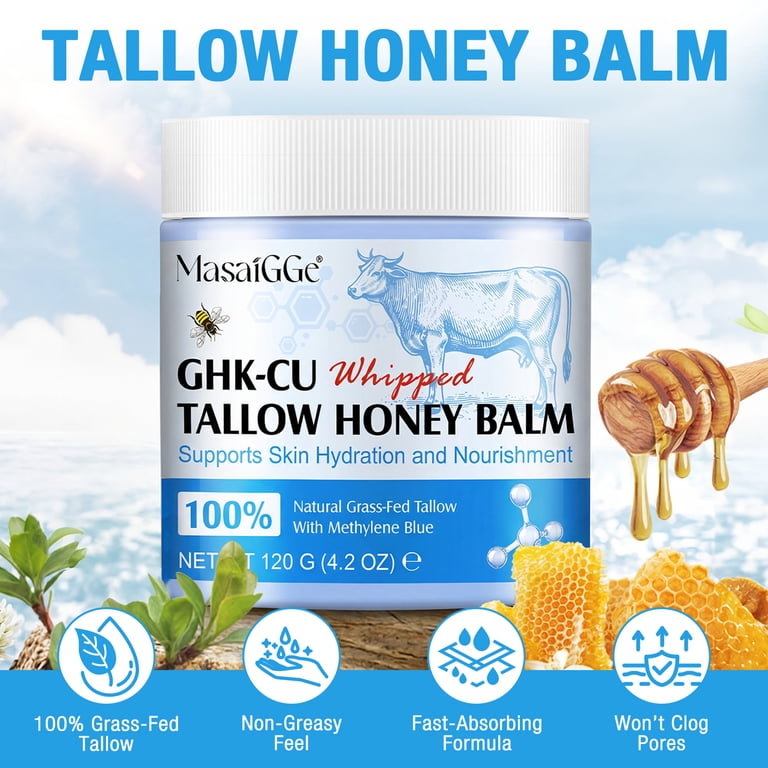 Copper Peptide Ghk-cu Face Cream, Whipped Beef Tallow Balm with Manuka Honey, Natural Face Moisturizer, Smoothe Skin, 4.2 oz