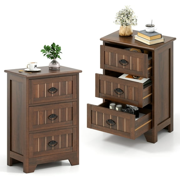 Gymax 2PCS 3 Drawers End Table Nightstand Bedroom Storage Wood Slide Brown