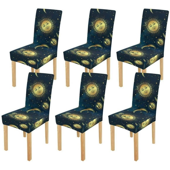 RYLABLUE Boho Celestial Bodies Gold Sun Moon and Stars Stretch Chair Cover Protector Seat Slipcover for Dining Room Hotel Wedding Party Set of 6