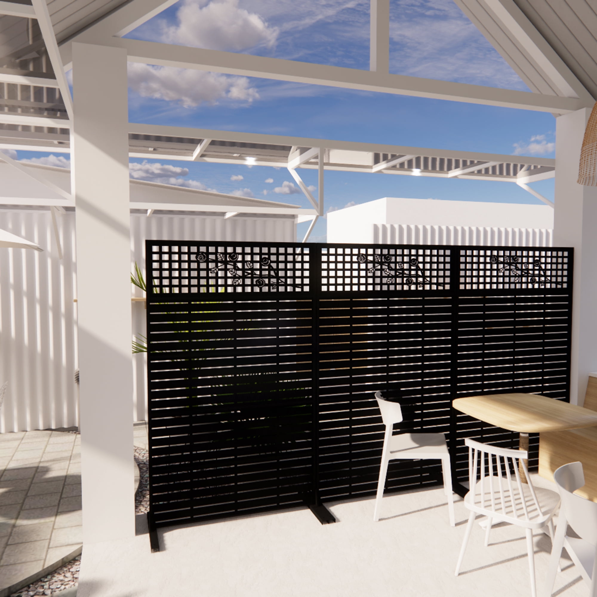 Mintazer 72" H Metal Privacy Screen with Rose Pattern, Outdoor Patio Privacy Fence Room Divider, Black