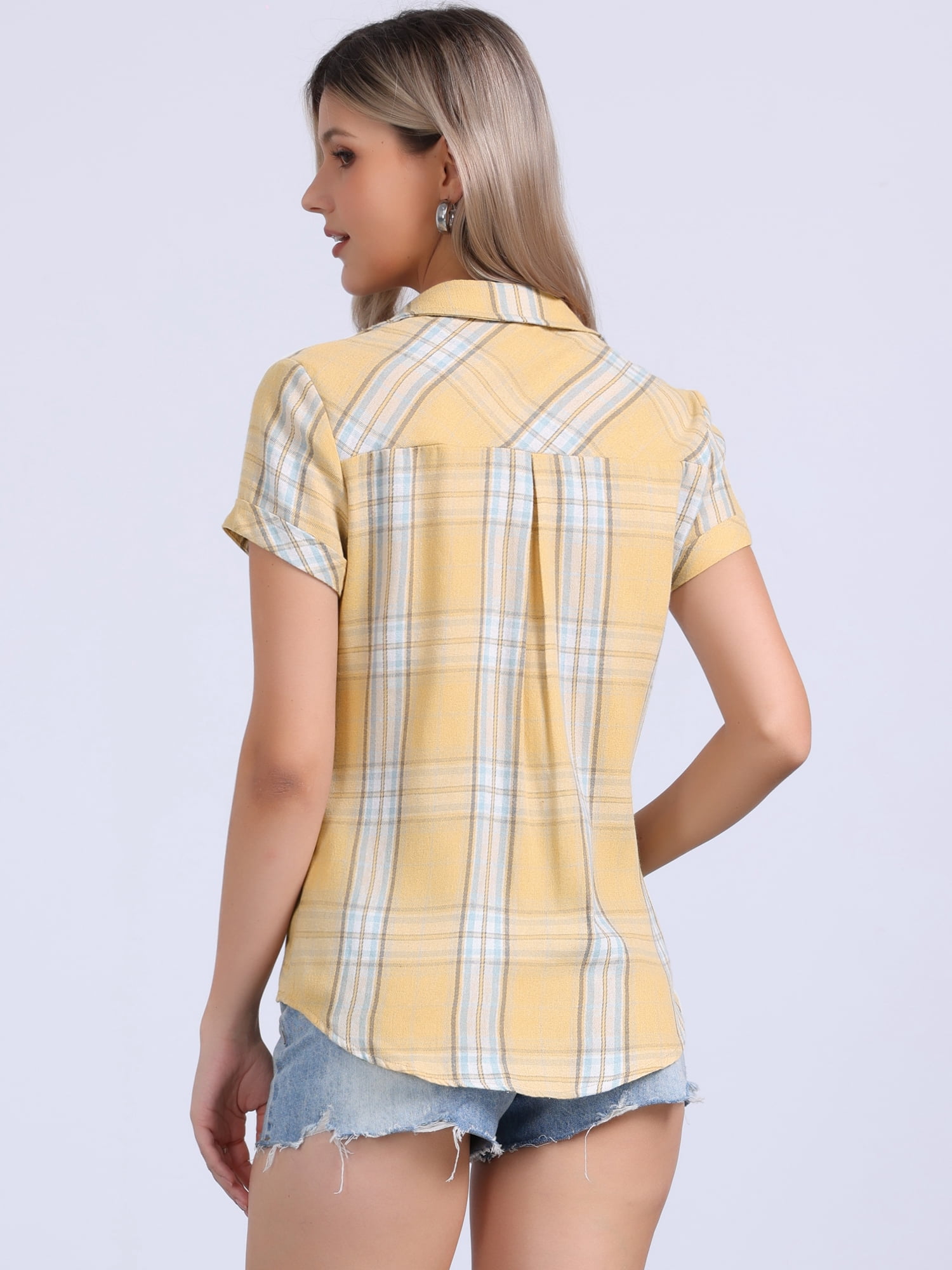 DARING DIVA Women's Plaid Shirts Cotton Short Sleeve Button Down Shirt M Yellow Blue