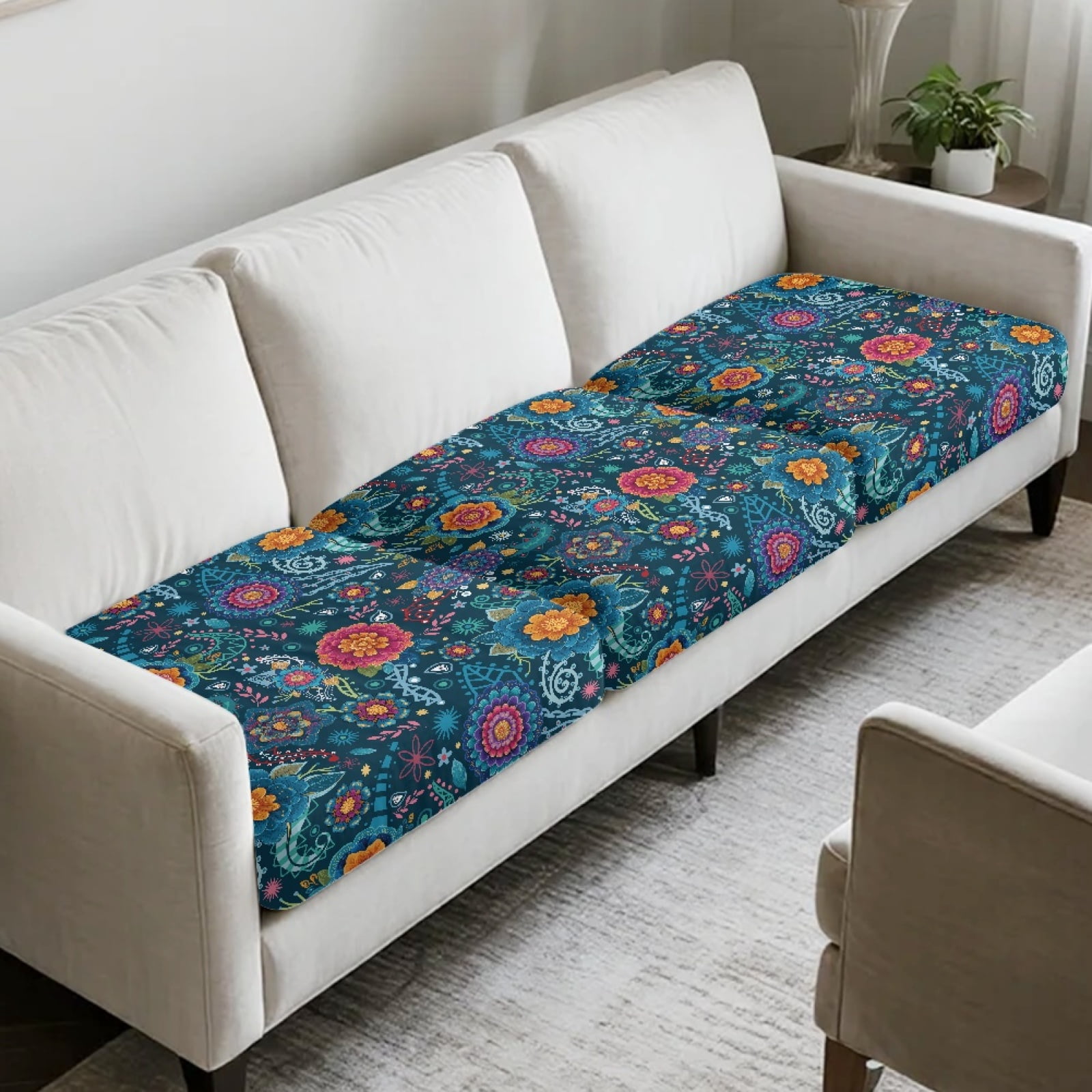 COEQINE Sofa Cushion Slipcover 3 Pieces Elastic Couch Cushion Cover Universal Armchair Couch Cover Furniture Protector Chair Slipcover with Elastic Bands, Blue Boho Mandala Floral Paisley Pattern