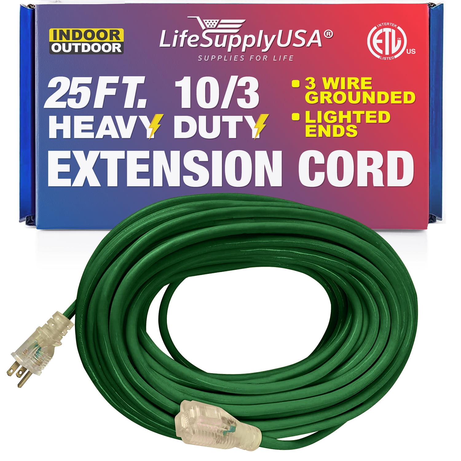 25 ft Power Extension Cord Heavy Duty 10 gauge/3 prong SJTW (Green