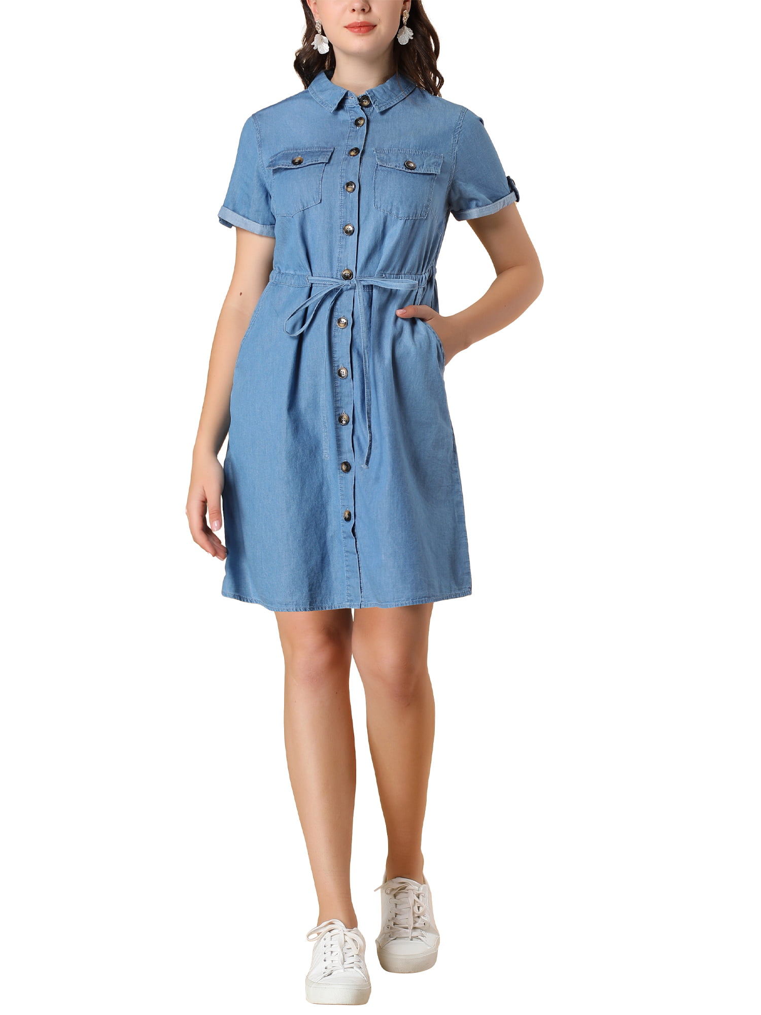 Women O-collar Cotton Dress XL, Blue1 hopwin lady Casual solid color ruffled Button pocket Short Sleeve Sundress