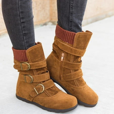 

Women Suede Round Toe Zipper Flat Pure Color Buckle Strap Keep Warm Snow Boots