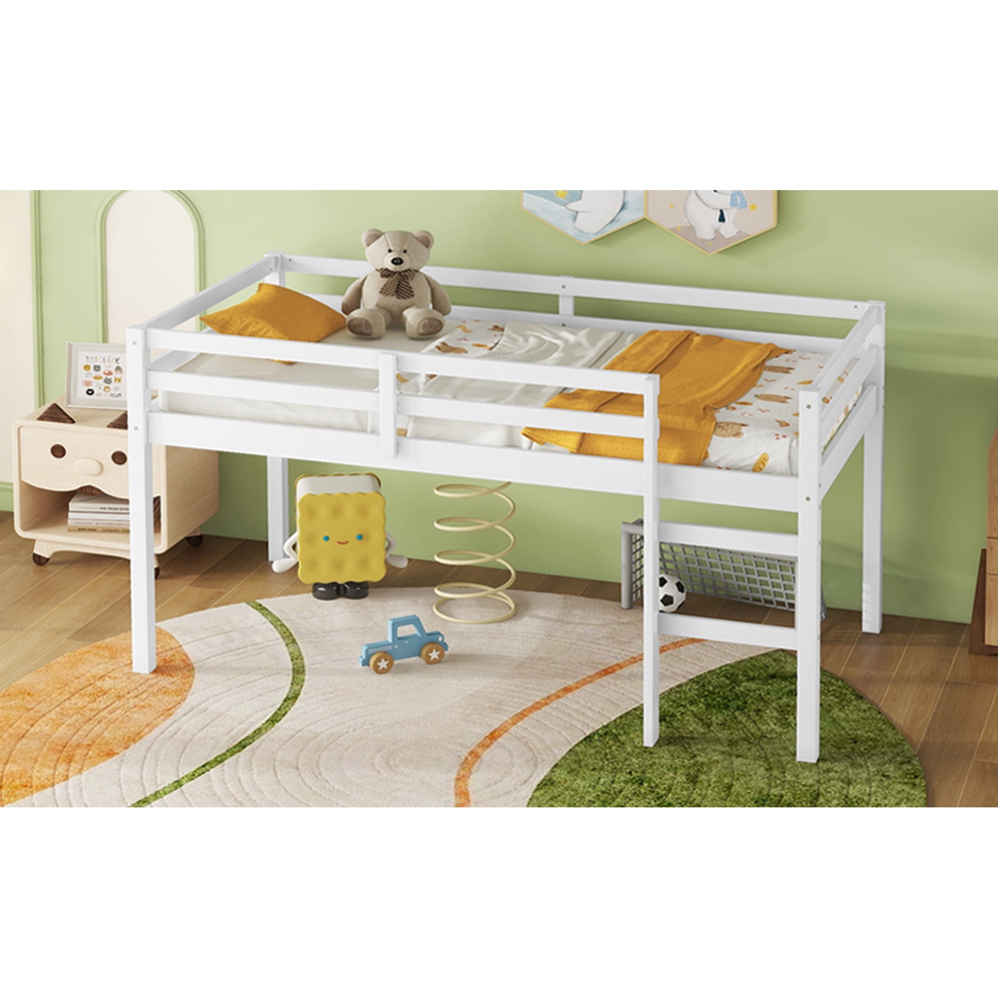 Leumius Twin Loft Bed with Ladder, Bed Platform of Strengthened Slats Solid Wooden Bed for Boys Girls White