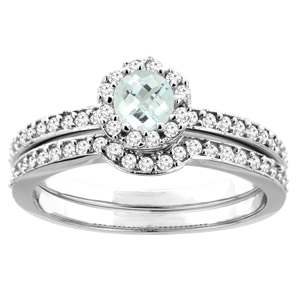 10K White Gold Natural Aquamarine 2-pc Bridal Ring Set Diamond Accent Round 4mm, sizes 5 10 by WorldJewels