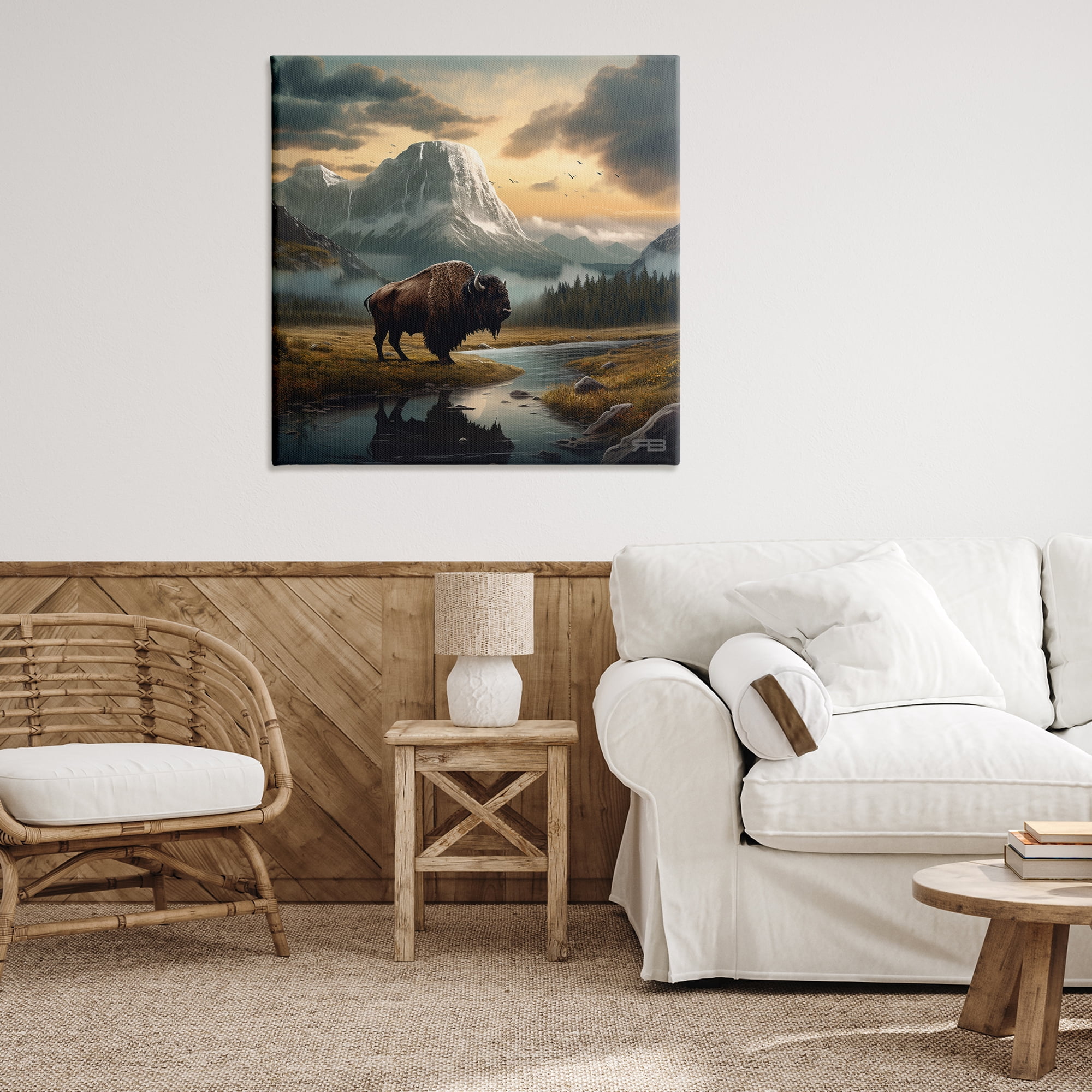 Stupell Industries Bison & Vast Mountains Landscape & Nature Painting Wrapped Canvas Art Print Wall Art, 36 x 36