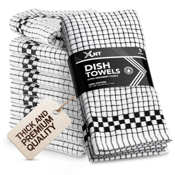 XLNT Highly Absorbent Kitchen Dish Towels 100% Cotton 18x28 inch – Ultra-Thick Dishcloths – Premium Weave for Drying & Cleaning – Soft, Durable & Lint-Free – Pack of 9 Black