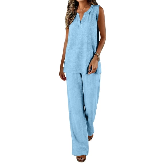 Zynoxe Two Piece Sets for Women Breathable Comfy Womens Sets with Pockets Women's V Neck Linen Tanks Top Long Pants Set Relaxed Casual Solid Color Summer Outfits S
