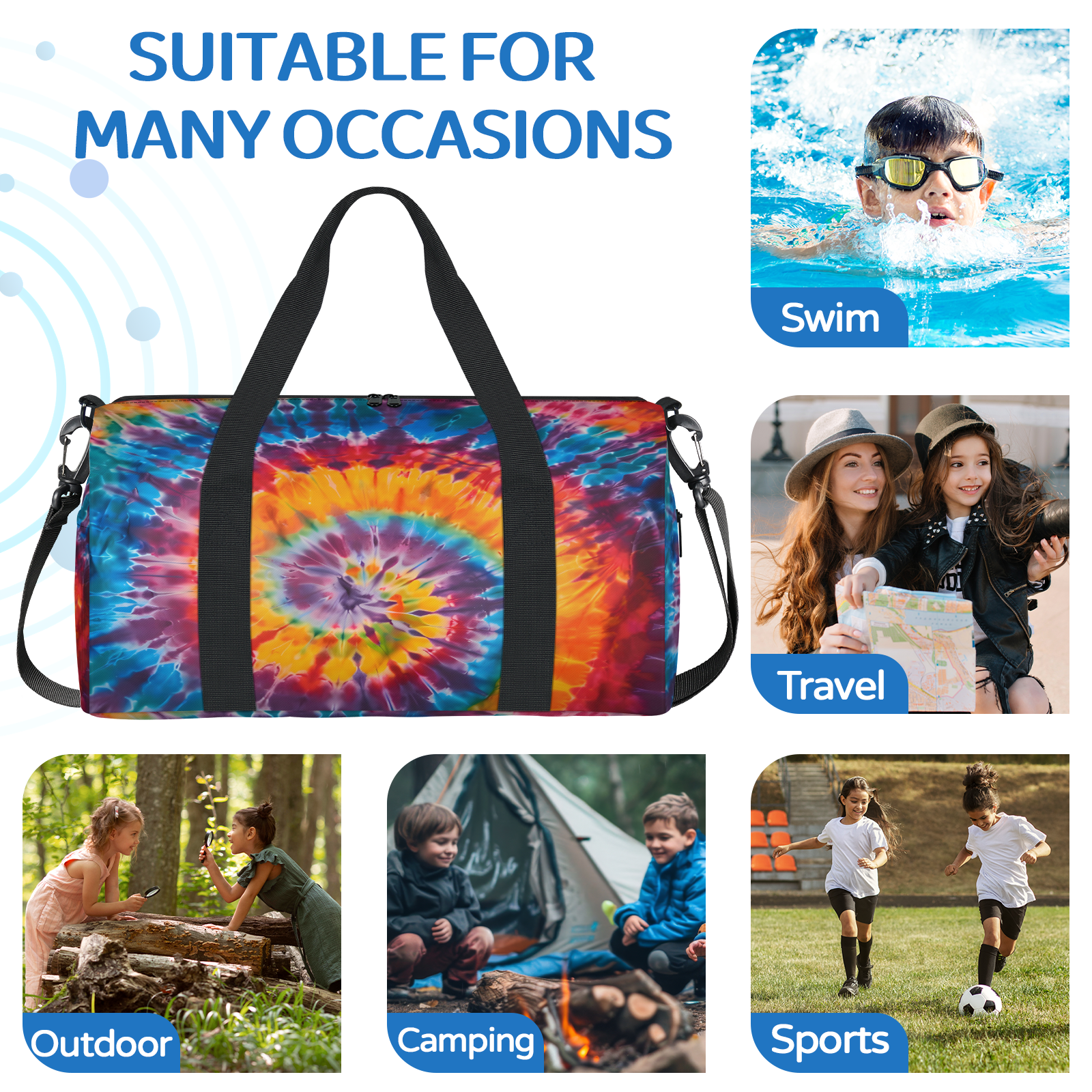 Herdesigns Colorful Tie Dye Rainbow Spiral Gym Bag for Women, Duffle Bag for Travel Sport, Lightweight Waterproof Carry on Weekender Overnight Dance Yoga Workout Bags