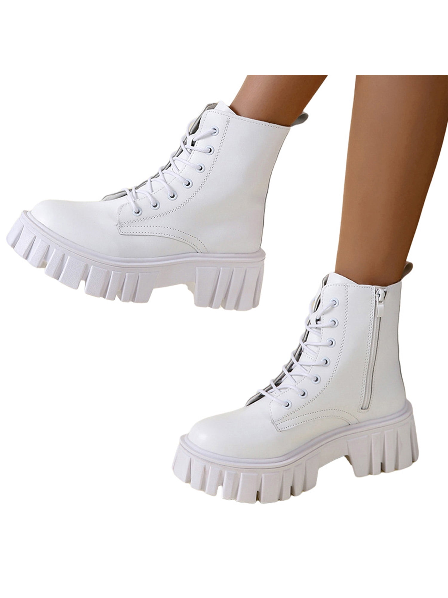 GIY Womens Buckle Round Toe Chunky Heeled Ankle Booties Side Zip Casual Platform Block Heel Shoes 